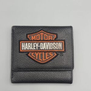HARLEY DAVIDSON |  VTG CLASSIC EMBROIDERED LOGO TRIFOLD WALLET | BLACK ORANGE
